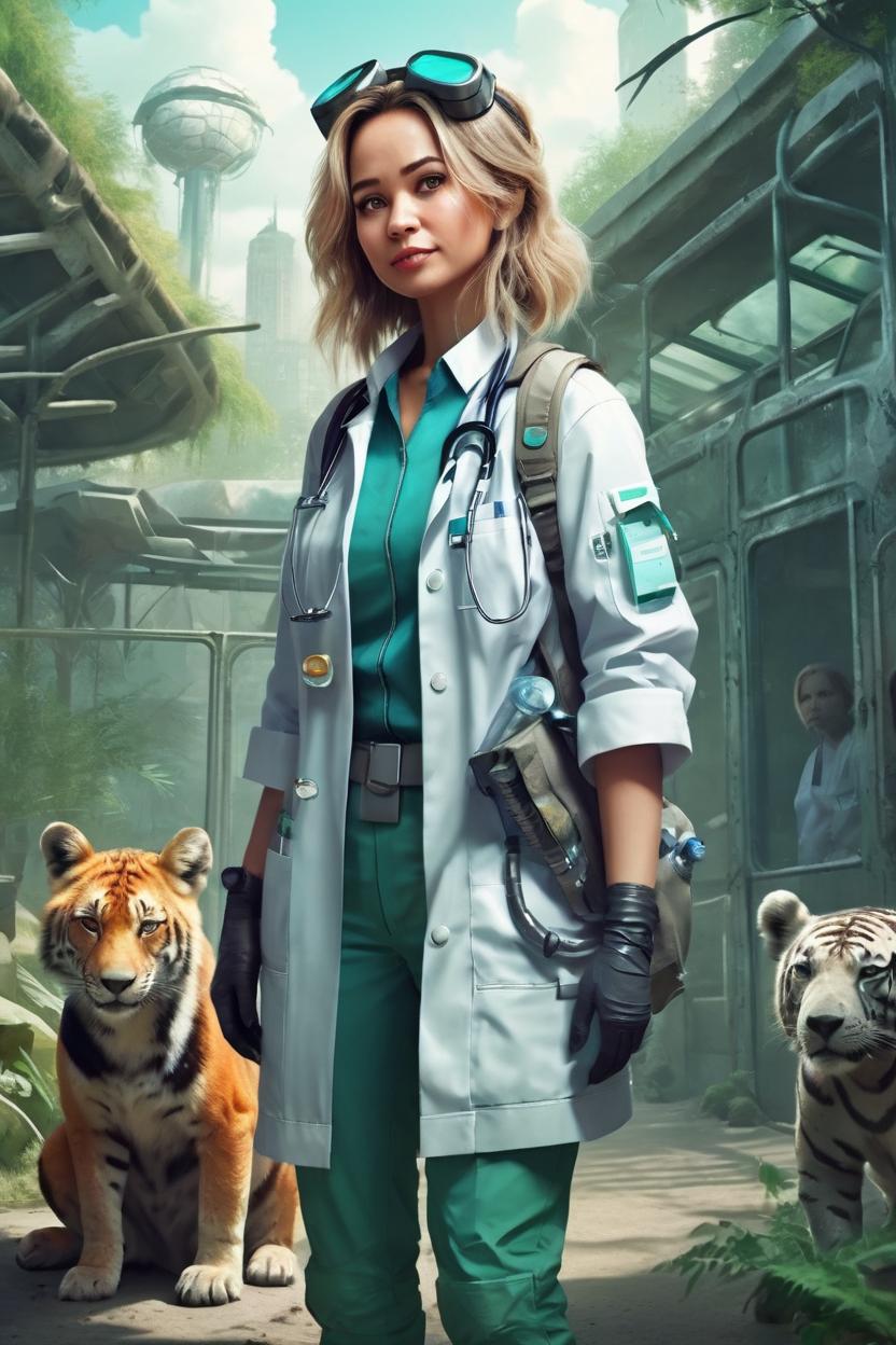 Artificial Intelligence (AI) generated image art, ... as beautiful cute post apocalypse veterinarian, in the zoo, futuristic, illustration