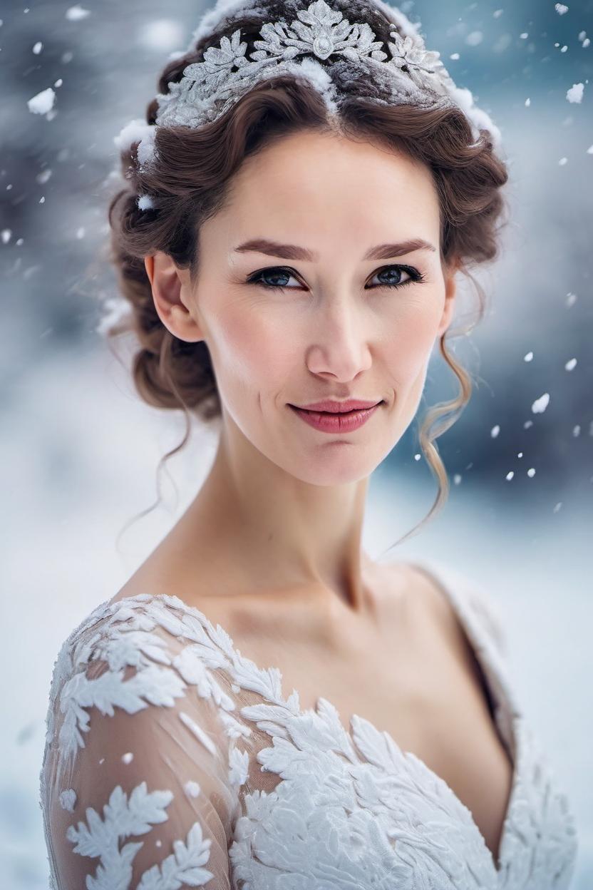 Artificial Intelligence (AI) generated image art, ..., pastel colored paper art illustration, forward facing fashion portrait of beautiful woman wearing Wedding dress, outdoors snow, by Zhang Jingna with amazing background, ultra sharp, detailed, 8k, anime, artistic, rgb, platinum