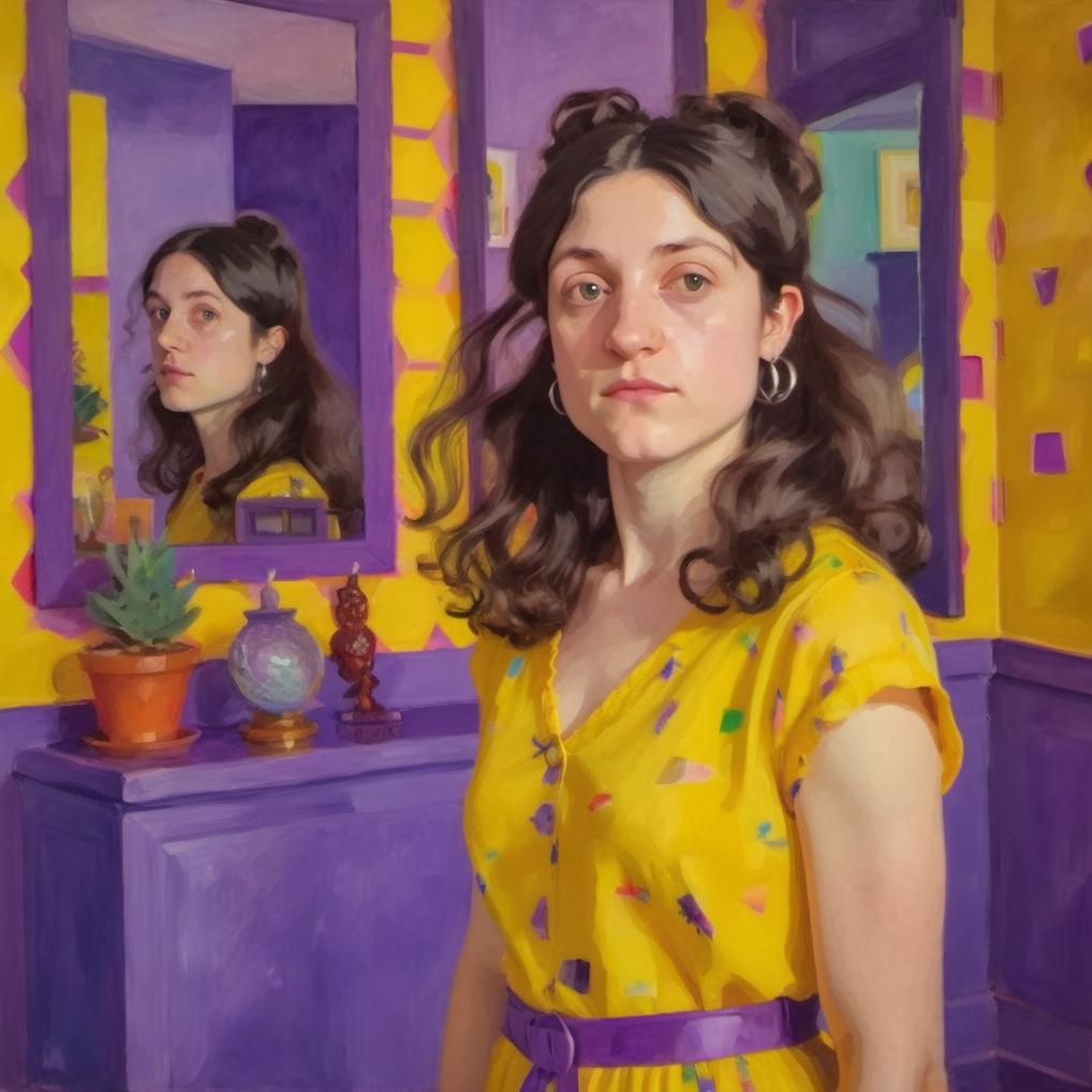 Artificial Intelligence (AI) generated image art, ..., standing in a purple room with mirrors, wearing a yellow dress, long hair,  vibrant colors, dynamic lighting, oil painting by David Hockney