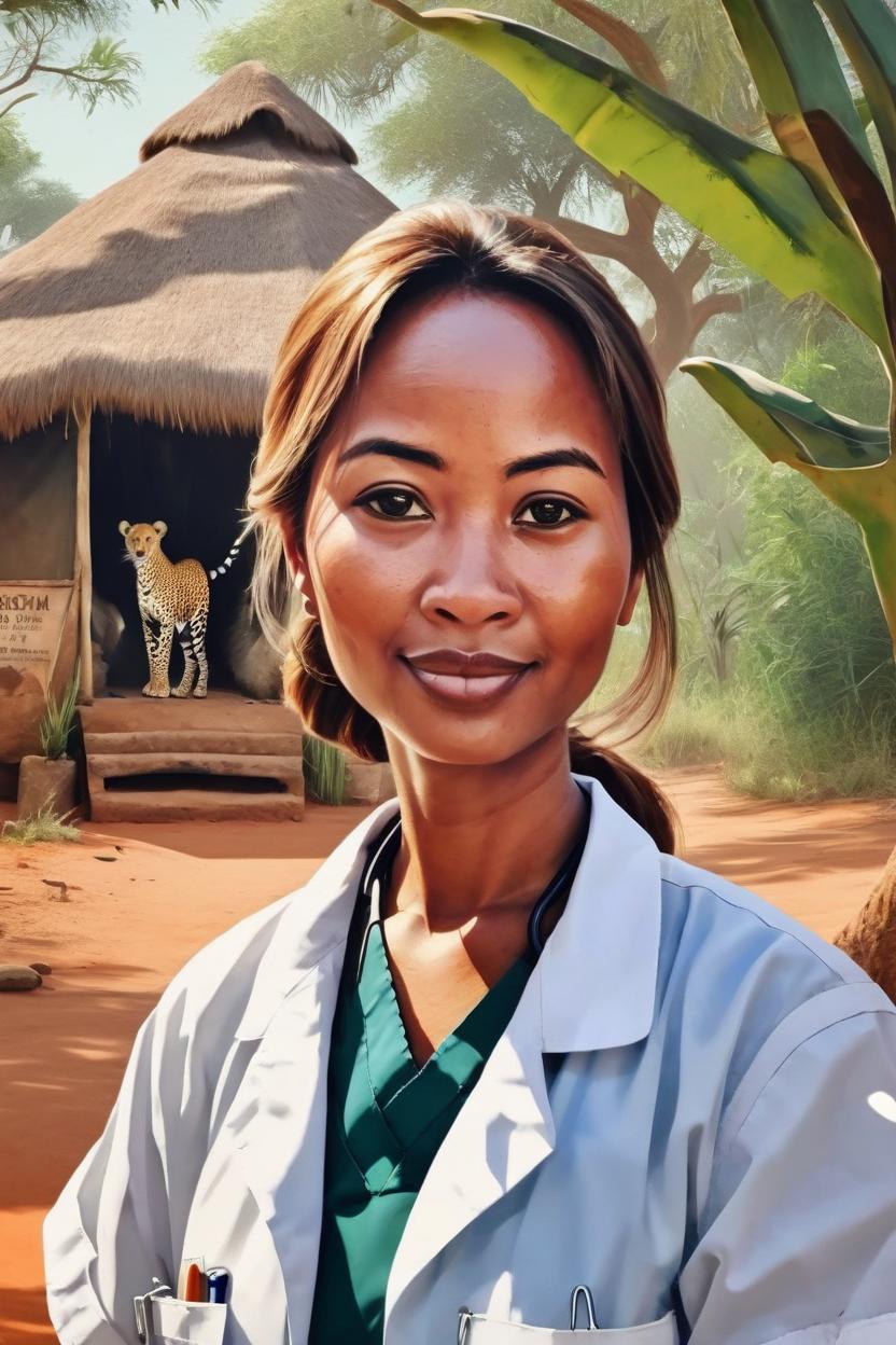 Artificial Intelligence (AI) generated image art, ... as beautiful wildlife veterinarian, in savannah africa, illustration artwork, in animal kingdom