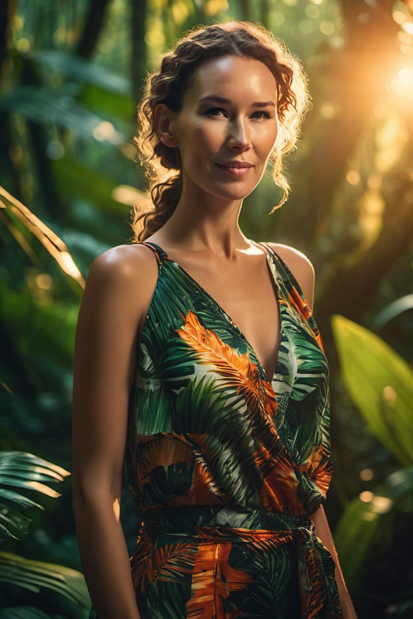 Artificial Intelligence (AI) generated image art, ..., as a fashion Model, wide shot, very beautiful, jungle background, epic, cinematic lighting, sunser, 4k, sharp focus, art by greg rutkowski