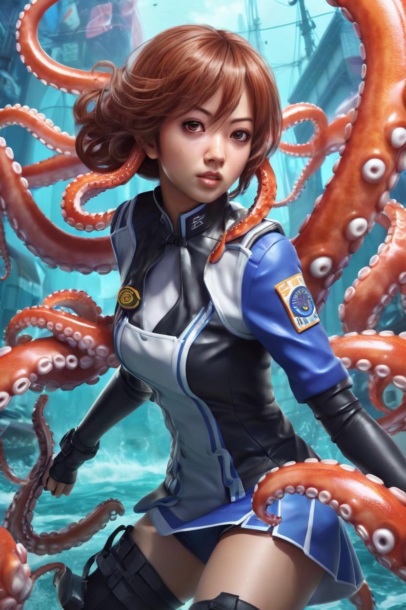 Artificial Intelligence (AI) generated image art, ... as 3d illustration anime girl, octopus tentacles background, fighting, highly detailed, by artgerm