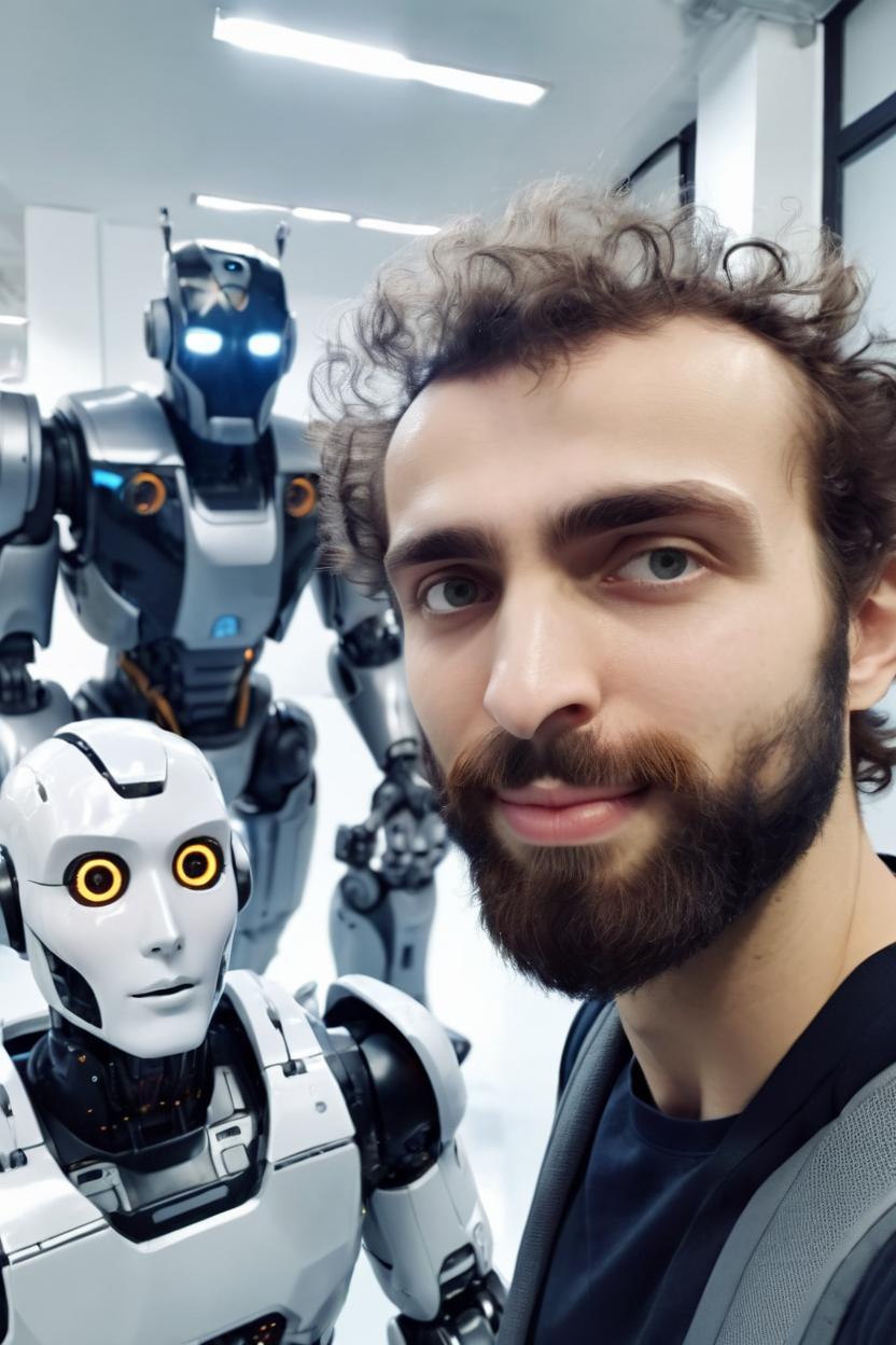 Artificial Intelligence (AI) generated image art, beautiful ..., taking a selfie with his robot friends, looking at the camera, natural lighting, hyperrealistic, wide angle, cinematic