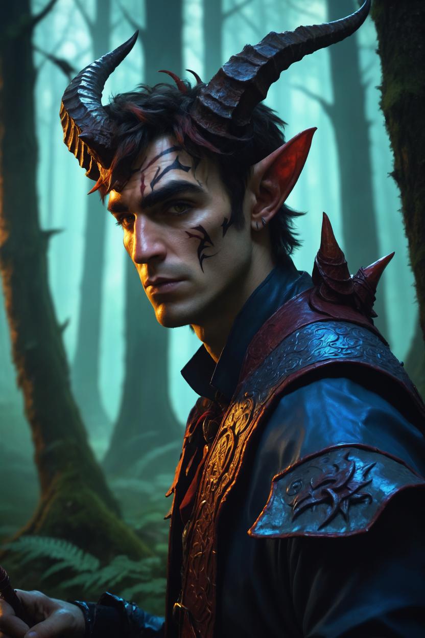 Artificial Intelligence (AI) generated image art, ..., (art by Greg Rutkowski), fantasy tiefling, two horns, fantasy tiefling, dnd art, art by Greg Rutkowski) highly detailed, sharp focus, 4k, in a forest, magic glow