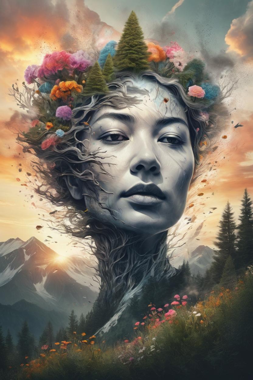 Artificial Intelligence (AI) generated image art, Nature exploding out a ... head, trees, flowers, mountain, sunset, nature mind, expressive creative art, surrealistic concept art, ethereal landscape in a cloud of magic coming out the top of a human head, incredible details, high-quality, flawless composition, masterpiece, behance, by Marco Mazzoni, ink wash