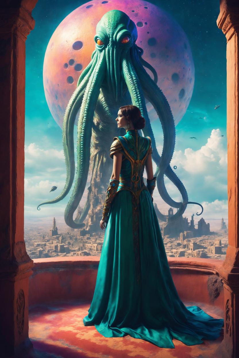 Artificial Intelligence (AI) generated image art, ..., 4k, photorealistic, cinematic lighting, on an alien world, she stands at the window ledge of a tall palace that soars into the sky, wearing a the royal robes of the alien people who adopted her after her spaceship crashed, from the window we see the ruins of the spaceship far away in the blue sand of the colorful world, there are creatures similar to cthulu and other lovecraftian mythos around her one long tentacle is around her waist belonging to her Romantic partner who is a native of this strange alien world