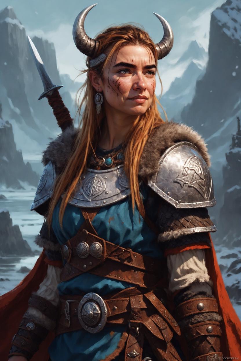 Artificial Intelligence (AI) generated image art, ..., art by Greg Rutkowski, fantasy viking woman warrior, dnd, friendly expression