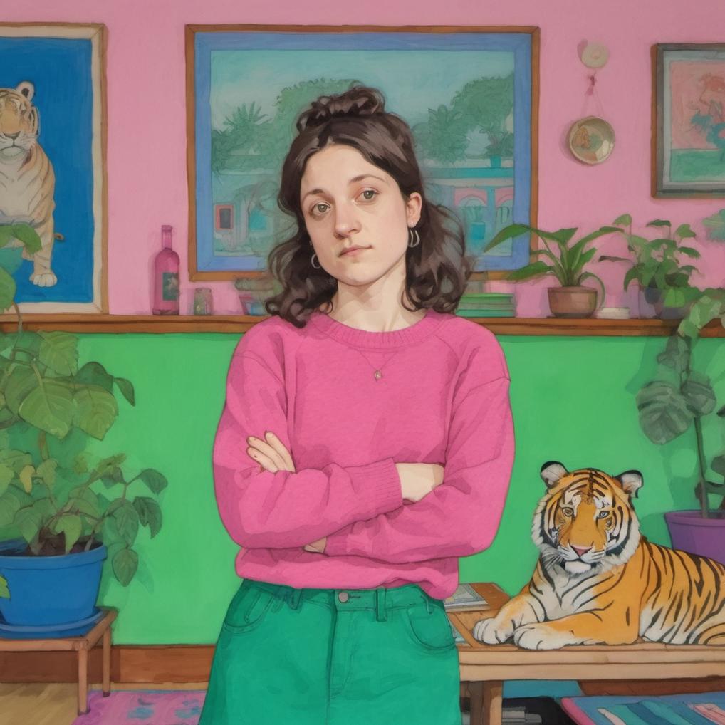 Artificial Intelligence (AI) generated image art, ..., illustration by Rutu Modan, vibrant colors, inside a blue living room, wearing pink sweater, green long skirt, long hair, a pink tiger standing next to her, naive artwork