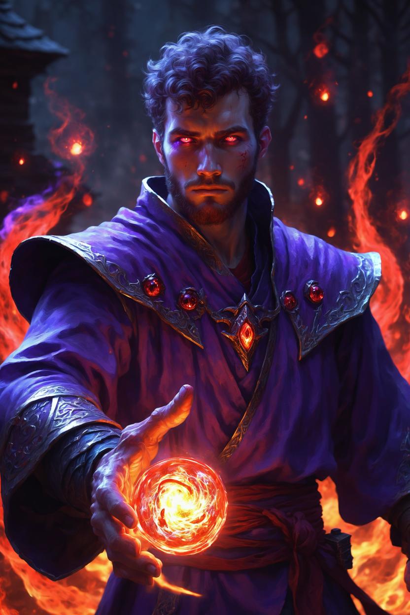 Artificial Intelligence (AI) generated image art, ..., red glowing eyes, fantasy wizard, dnd, ((purple fire from hands)), fantasy art by Greg Rutkowski, highly detailed, sharp focus, 4k