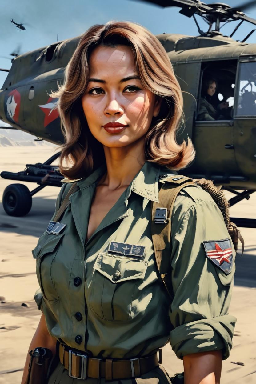 Artificial Intelligence (AI) generated image art, ..., (portrait), ((((full body)))), 1940s WAC, army, adventure, pulp novel, WWII propaganda, art by Greg Rutkowsi, highly detailed, sharp focus, 4k, black hawk helicopter background