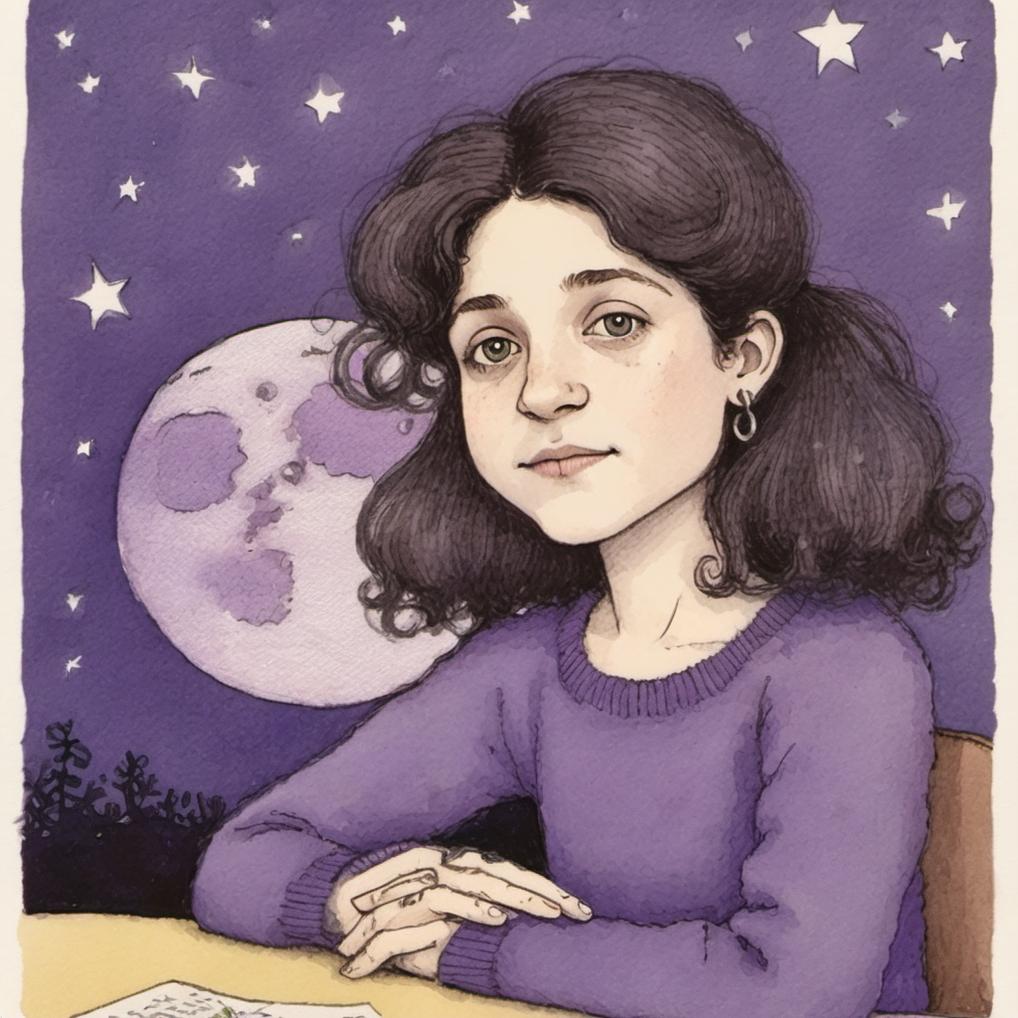 Artificial Intelligence (AI) generated image art, ..., illustration by Maurice Sendak , postcard, 8mm, artistic, nostalgic, soft light, romantic, on the moon, wearing a purple sweater, long hair, very detailed, naive artwork,