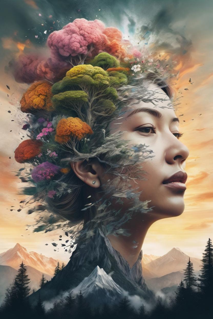 Artificial Intelligence (AI) generated image art, Nature exploding out a ... head, trees, flowers, mountain, sunset, nature mind, expressive creative art, surrealistic concept art, ethereal landscape in a cloud of magic coming out the top of a human head, incredible details, high-quality, flawless composition, masterpiece, behance, by Marco Mazzoni, ink wash