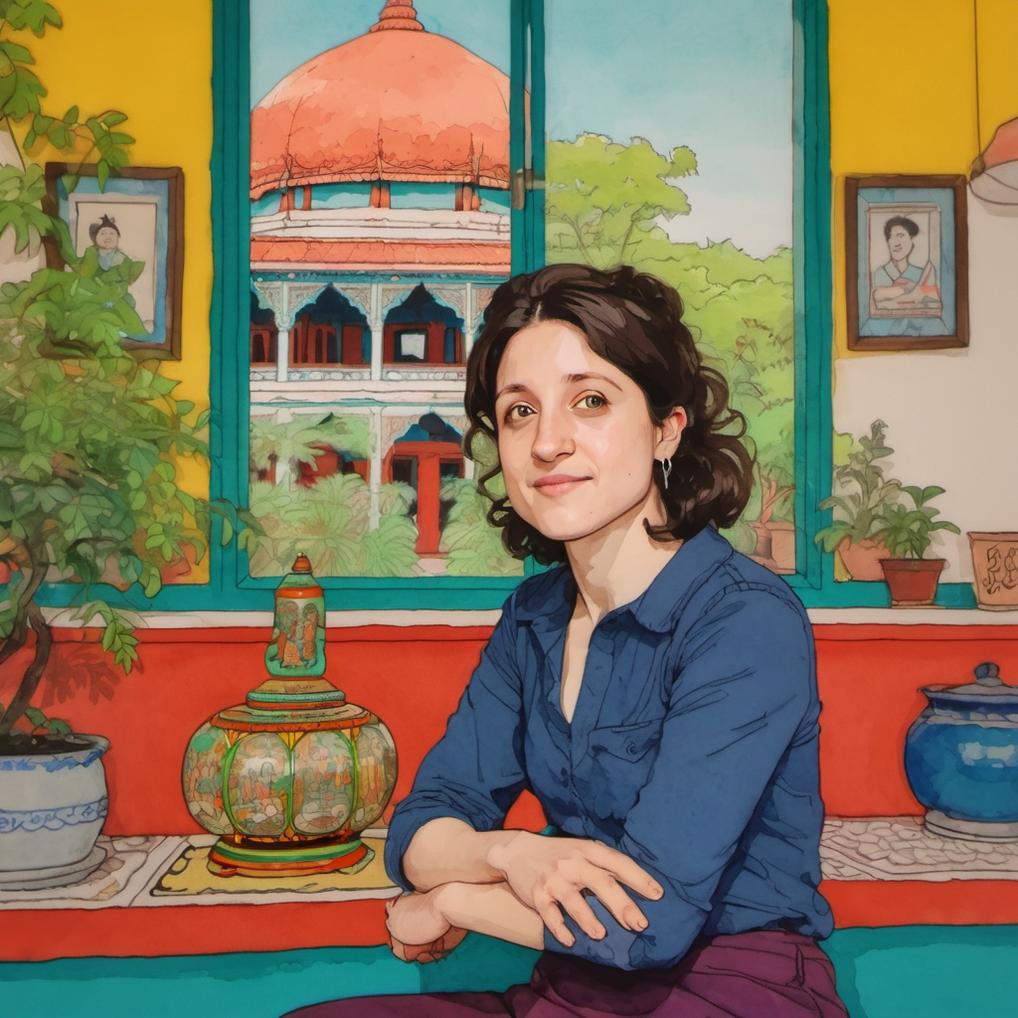 Artificial Intelligence (AI) generated image art, ..., illustration by Rutu Modan, vibrant colors, sitting in a Buddhist ministry, a lamp in the background, naive artwork