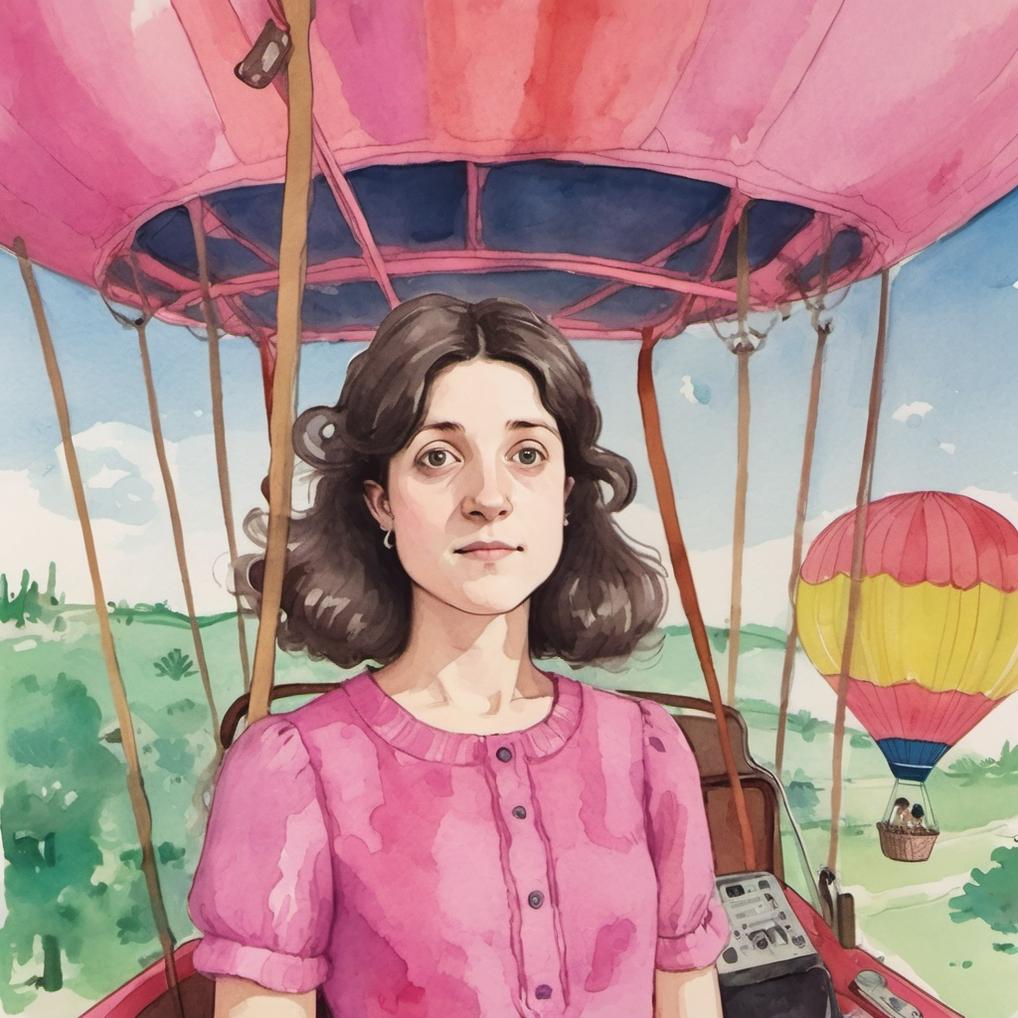 Artificial Intelligence (AI) generated image art, ..., illustration by Tove Jansson , vibrant colors, standing inside an air balloon, wearing a pink dress, long hair, naive artwork, beautiful