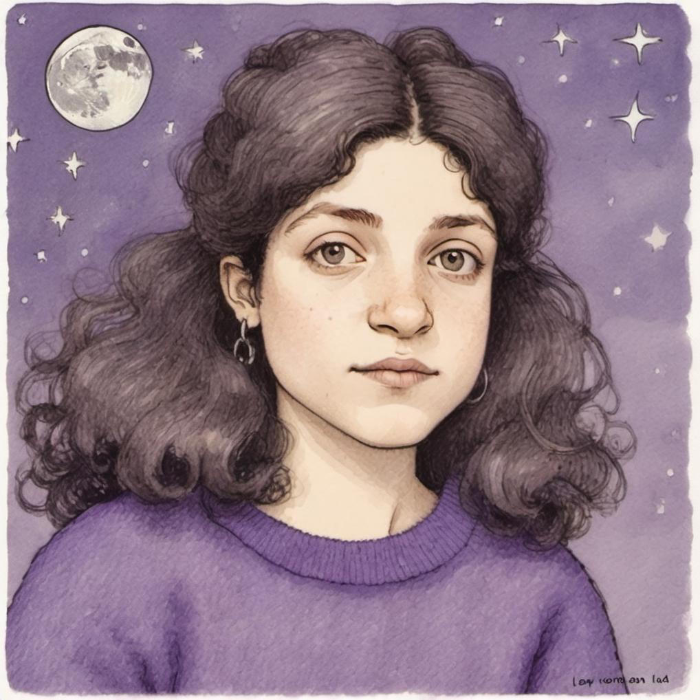 Artificial Intelligence (AI) generated image art, ..., illustration by Maurice Sendak  , postcard, 8mm, artistic, nostalgic, soft light, romantic, on the moon, wearing a purple sweater, long hair, very detailed, naive artwork,
