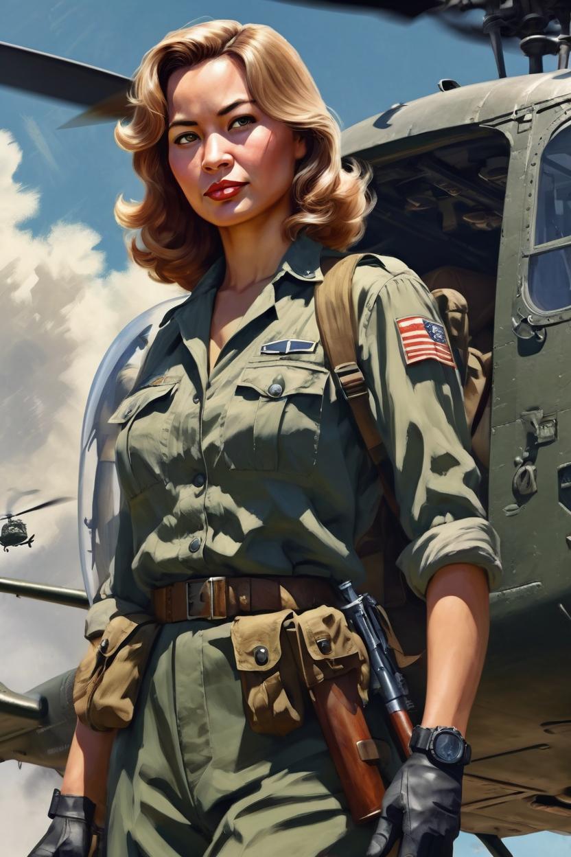 Artificial Intelligence (AI) generated image art, ..., (portrait), ((((full body)))), 1940s WAC, army, adventure, pulp novel, WWII propaganda, art by Greg Rutkowsi, highly detailed, sharp focus, 4k, black hawk helicopter background