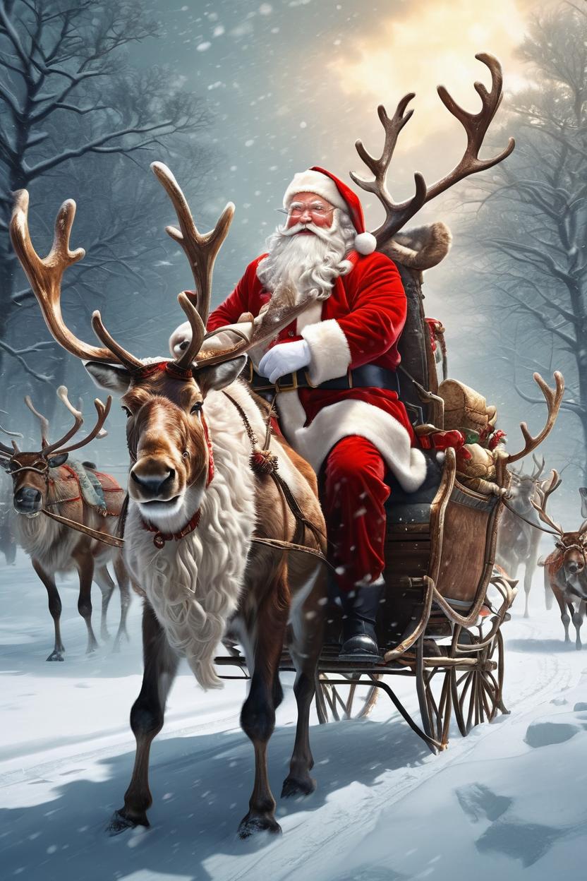 Artificial Intelligence (AI) generated image art, ..., as a portrait of santa claus riding a Reindeer in a snow storm, by Stanley Artgerm Lau, WLOP, Rossdraws, James Jean, Andrei Riabovitchev, Marc Simonetti, and Sakimichan, highly detailed, ultra detailed, golden hour, trending on artstation, cgstudio