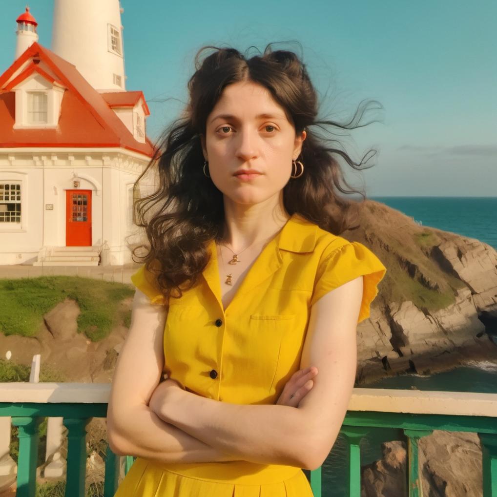 Artificial Intelligence (AI) generated image art, portrait of ..., in the style of Wes Anderson film, vibrant colors, aesthetic, symmetrical, lighthouse in the back, yellow dress, long hair, cinematic