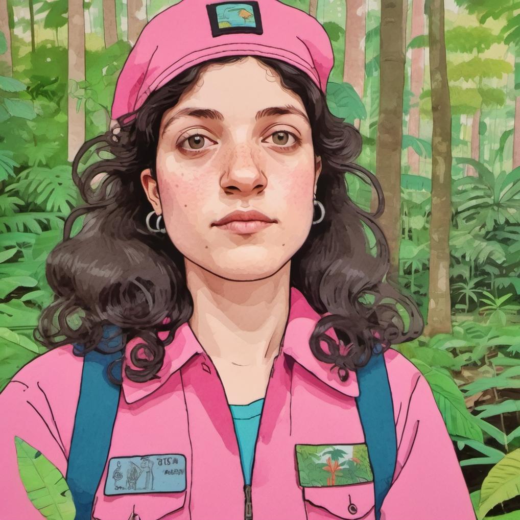 Artificial Intelligence (AI) generated image art, ..., illustration by Rutu Modan, vibrant colors, in the Amazonian forest, wearing pink explorer uniform, long hair, naive artwork