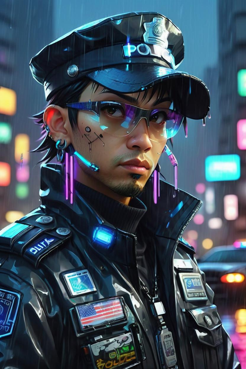 Artificial Intelligence (AI) generated image art, (... portrait), futuristic kawaii cyberpunk police, in heavy raining futuristic tokyo rooftop cyberpunk night, digital painting, cinematic lighting, sharp focus, car drift, police, add text (mohamad alhfar),