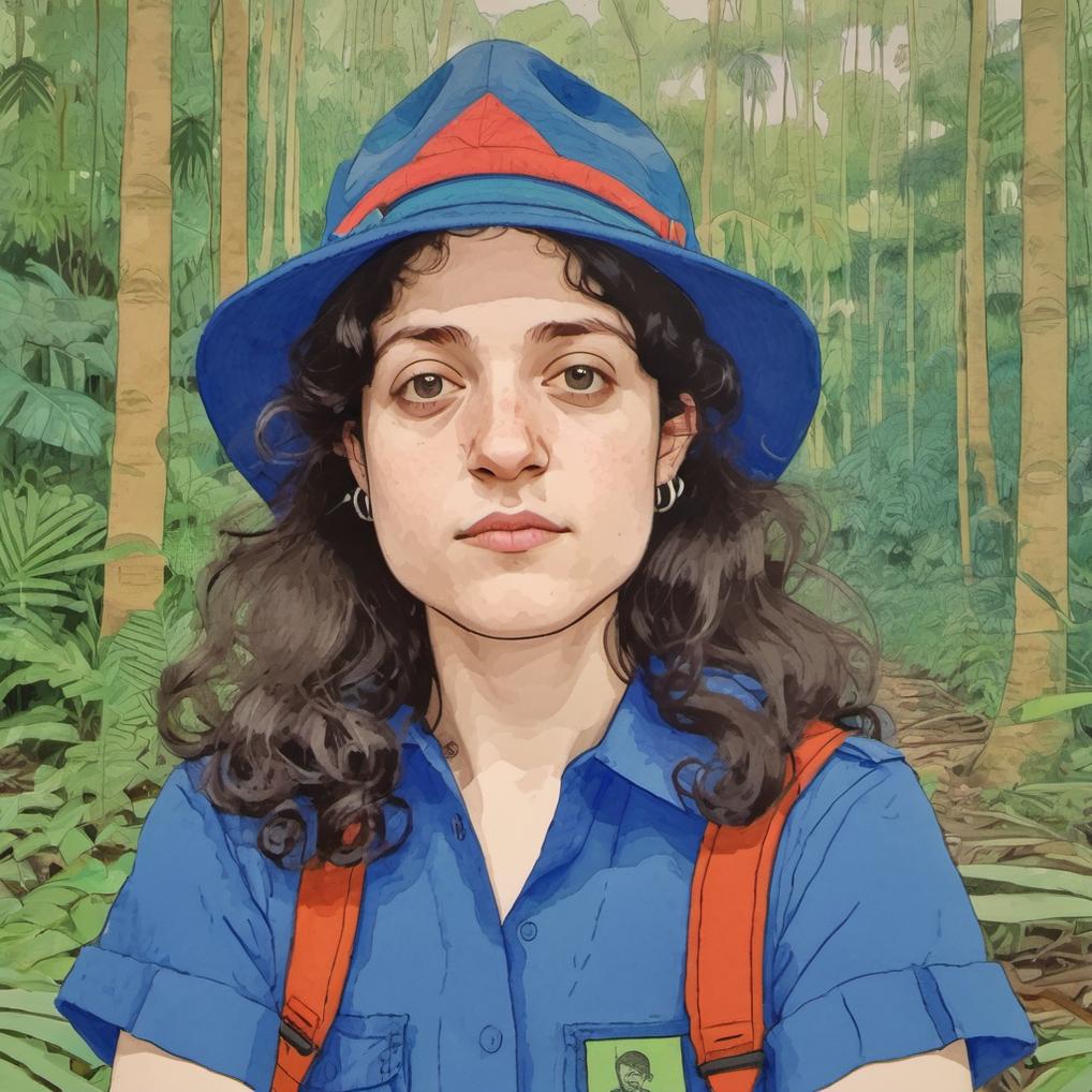 Artificial Intelligence (AI) generated image art, ..., illustration by Rutu Modan, vibrant colors, in the Amazonian forest, wearing blue explorer uniform, jungle hat and a binocular, long hair, naive artwork