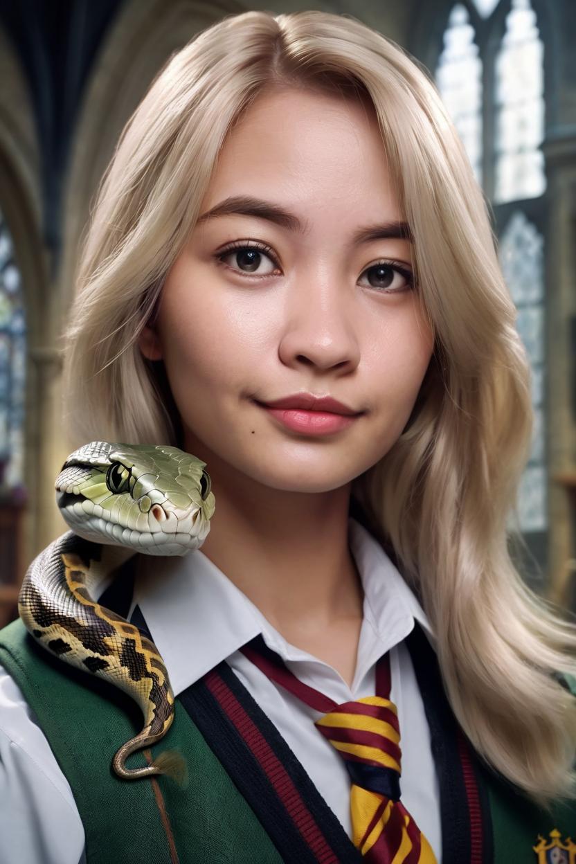 Artificial Intelligence (AI) generated image art, ... as a beatiful slytherine student, (potrait), in hogwarts school background, ash blonde hair, with a snake pet, photorealistic, cinematic lighting, by greg rutkowski