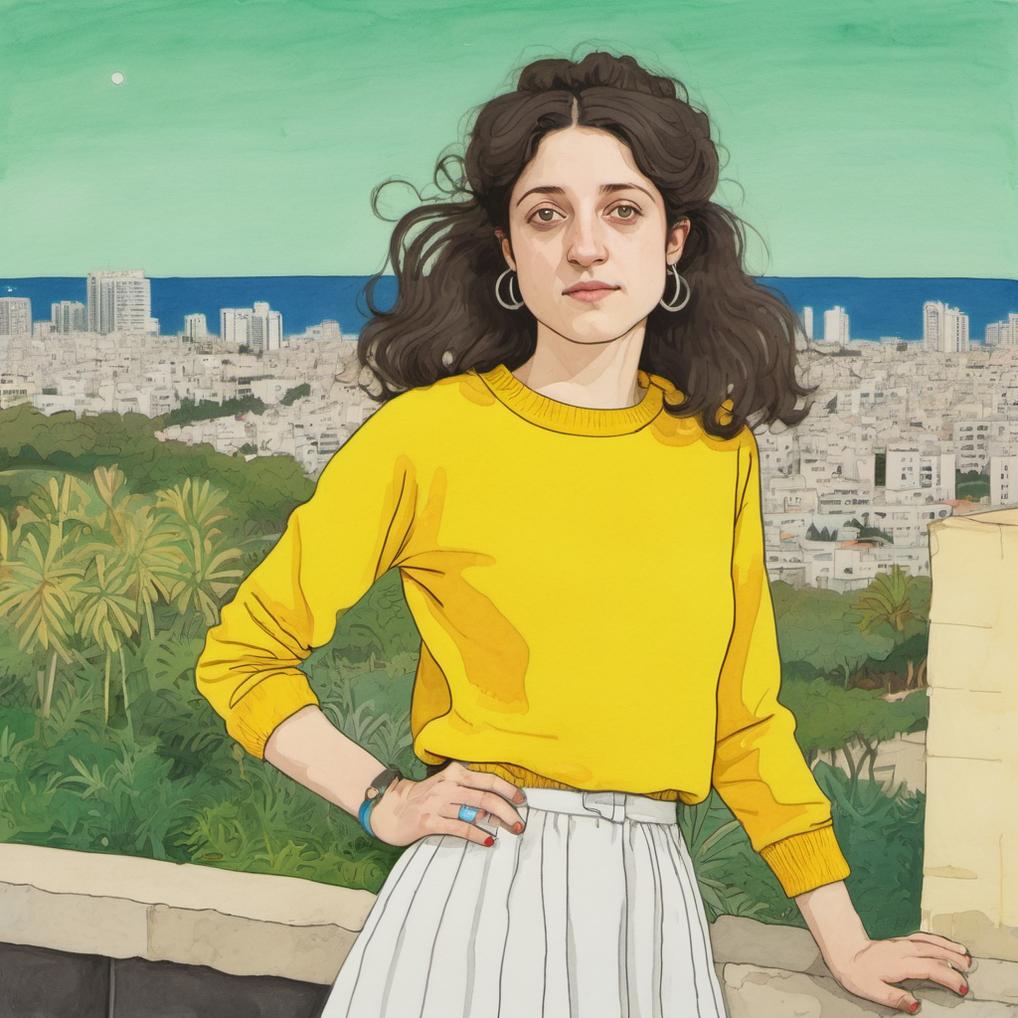 Artificial Intelligence (AI) generated image art, ..., illustration by Rutu Modan, vibrant colors, Tel aviv landscape, wearing yellow sweater, white long skirt, long hair, naive artwork