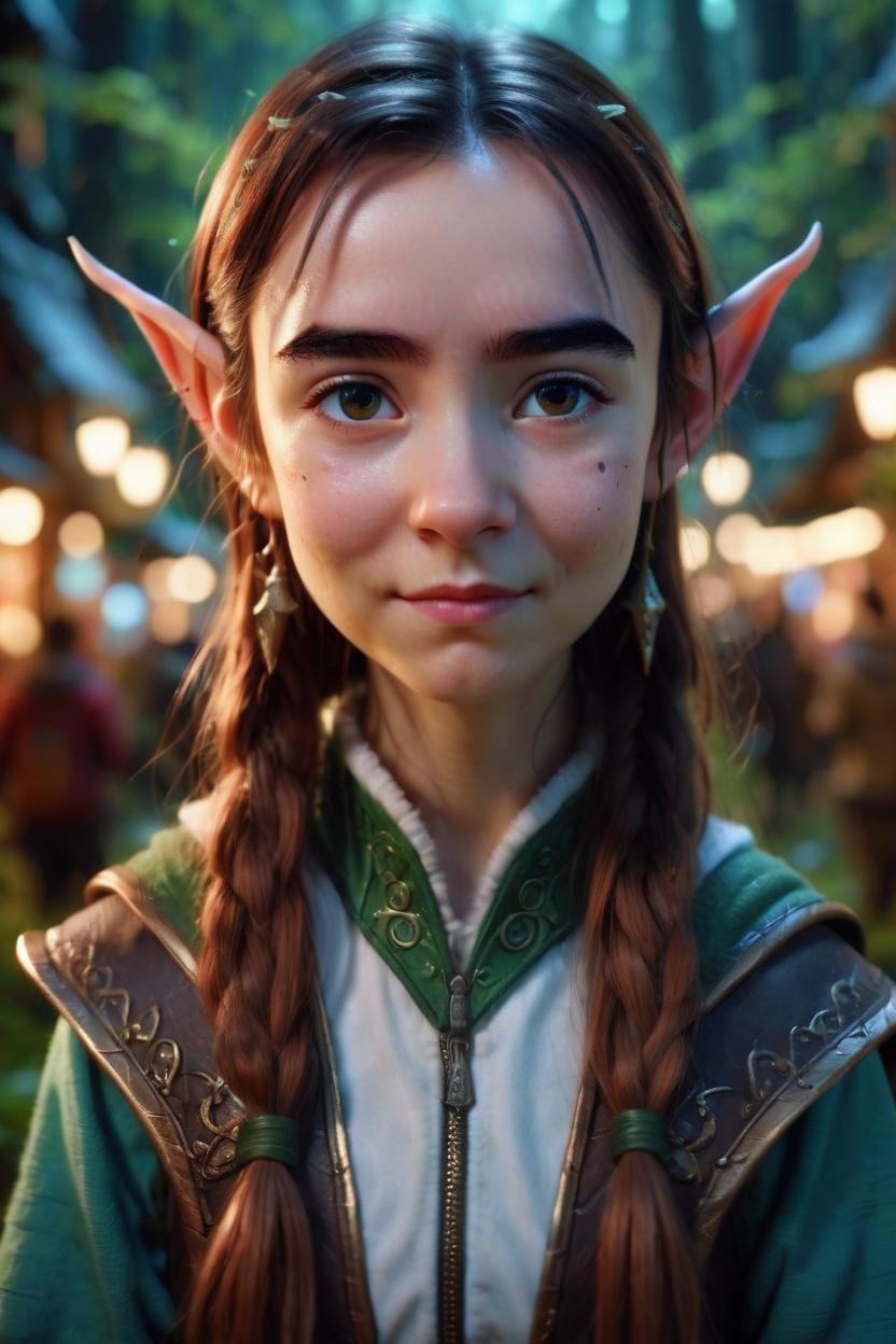 Artificial Intelligence (AI) generated image art, ..., An epic fantasy comic book style portrait painting of an extremely cute and adorable very beautiful elf, pointy elf ears, character design by Mark Ryden and Pixar and Hayao Miyazaki, unreal 5, DAZ, hyperrealistic, octane render, cosplay, RPG portrait, dynamic lighting, intricate detail, in a magic forest village,, cinematic