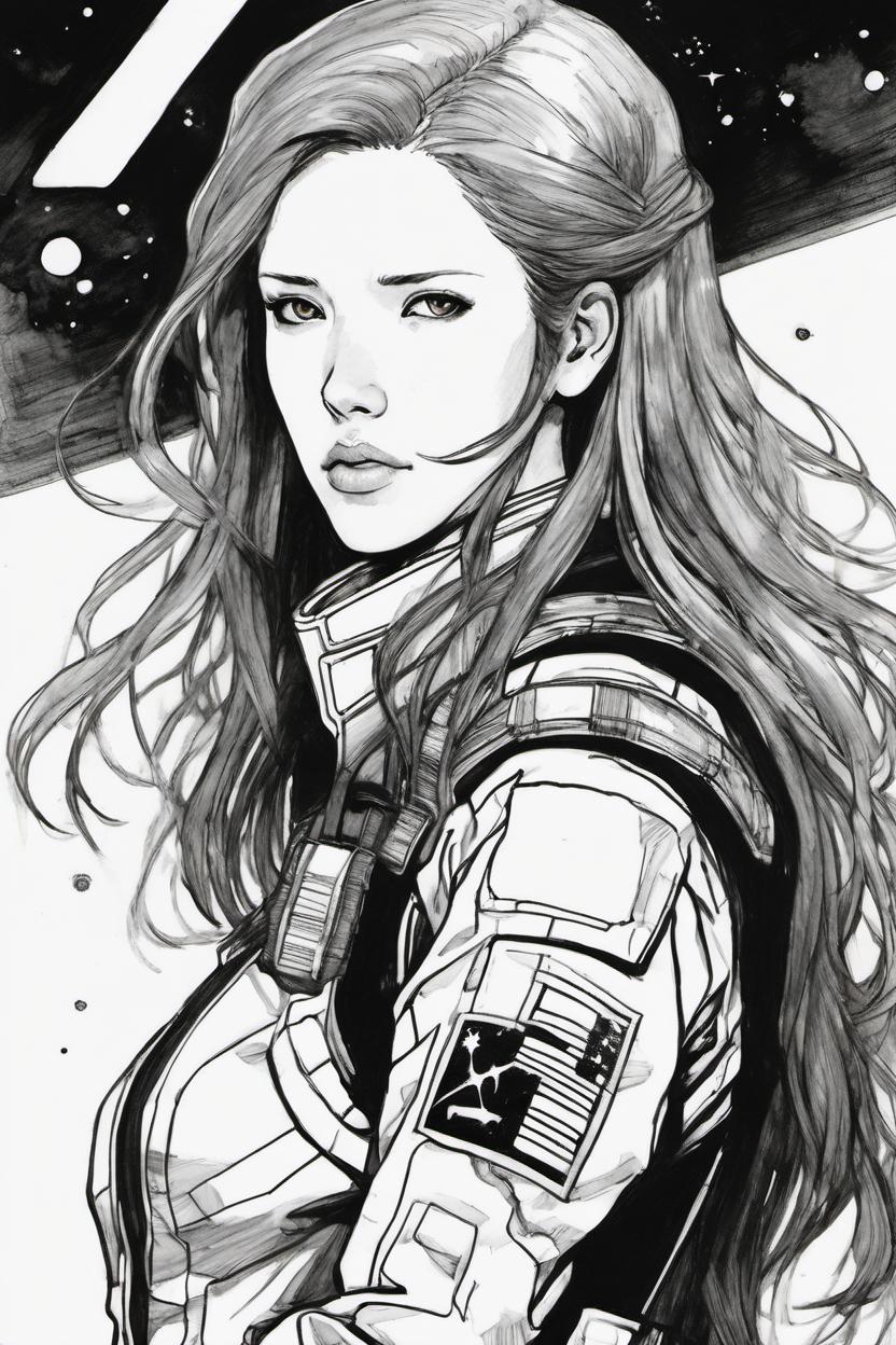 Artificial Intelligence (AI) generated image art, ..., young, beautiful, portrait, as space soldier, yoji shinkawa, b&w, ink drawing, ink, manga, concept art