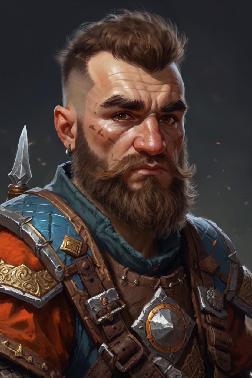 Artificial Intelligence (AI) generated image art, (...), portrait, fantasy dwarf warrior, (small body), (short person), dnd, art by Greg Rutkowski, highly detailed, sharp focus, 4k