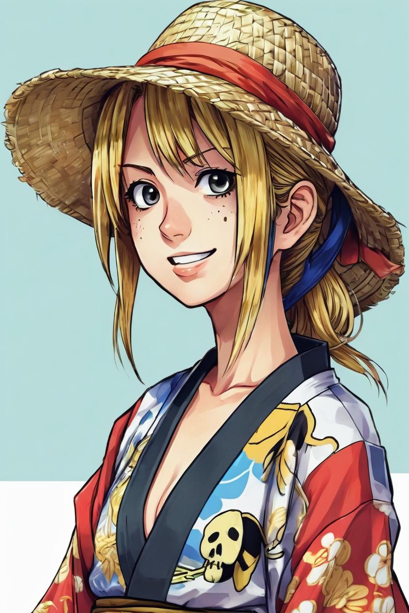 Artificial Intelligence (AI) generated image art, ... as member of straw hat pirate, art by eiichiro oda, anime girl, ((full body)), in kimono, detailed picture, adventure