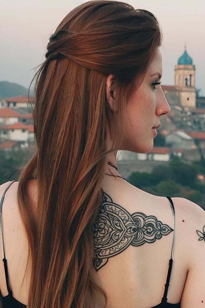 Artificial Intelligence (AI) generated image art, ..., a photo of a stunning woman with a tattoo viewed from behind