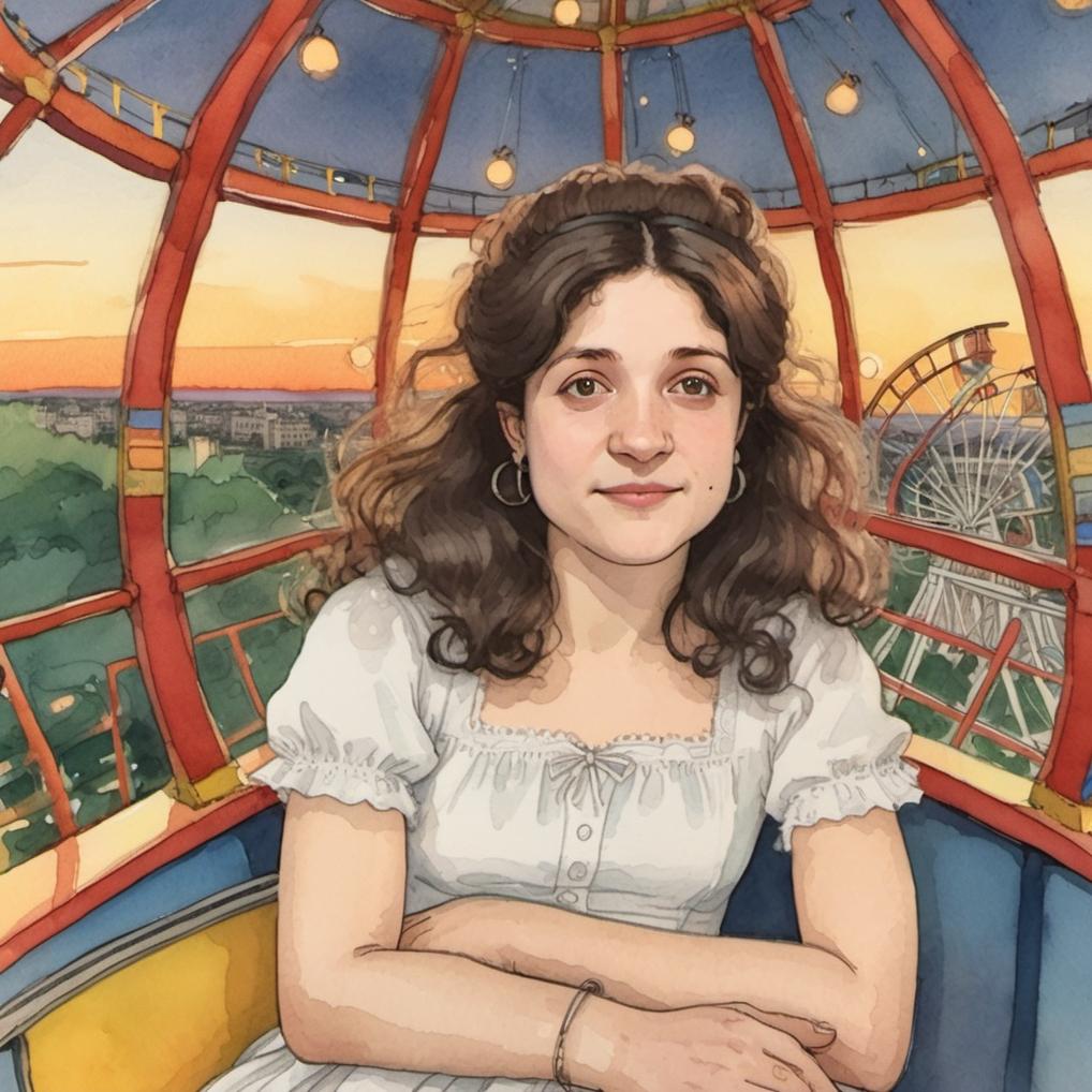 Artificial Intelligence (AI) generated image art, ..., illustration by Maurice Sendak  , vibrant colors, sitting in a ferris wheel, wearing a white dress, sunset, long hair, very detailed, naive artwork,