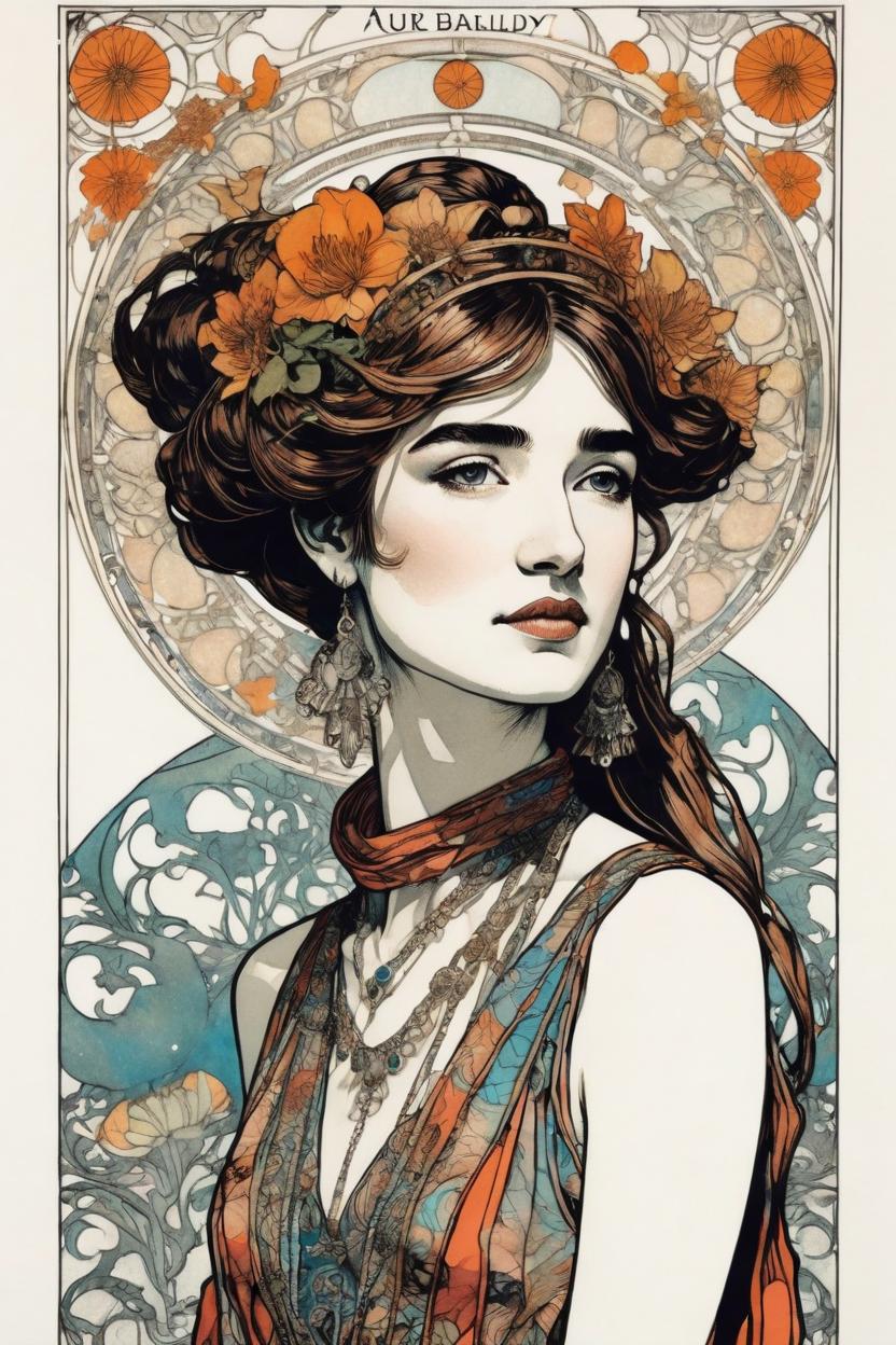 Artificial Intelligence (AI) generated image art, handsome fullbody illustration of beautiful art nouveau goddess ..., (coloured ink drawing), leave space above head, ((art by aubrey beardsley)), art by yoji shinkawa