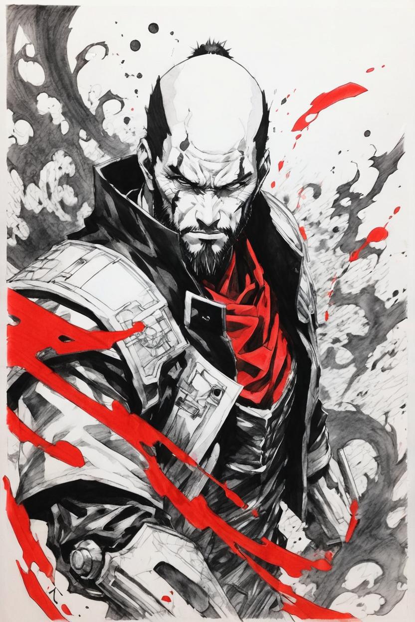 Artificial Intelligence (AI) generated image art, ..., yoji shinkawa, b&w, pencil drawing, ink, manga, concept art, black and red ink