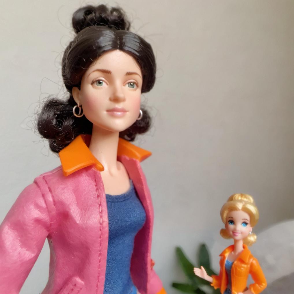 Artificial Intelligence (AI) generated image art, ((...)), with orange jacket and jeans, as a figurine, barbie doll, plastic
