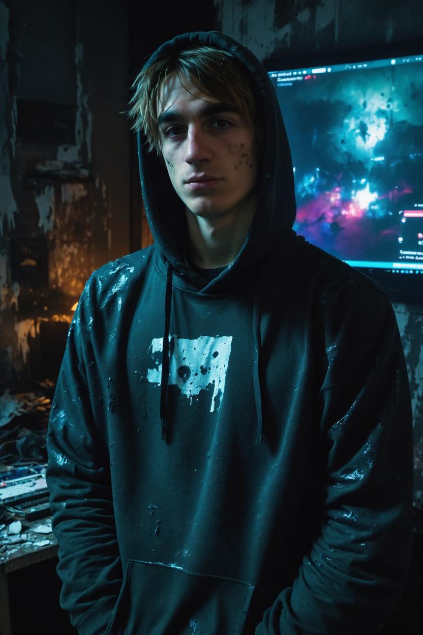 Artificial Intelligence (AI) generated image art, ..., ((art by greg rutkowski)), as shady hacker, wearing hoodie, in a dark leaking broken abandoned room, looking in camera, beautiful cinematic ligthing, 8k. computer screens in background