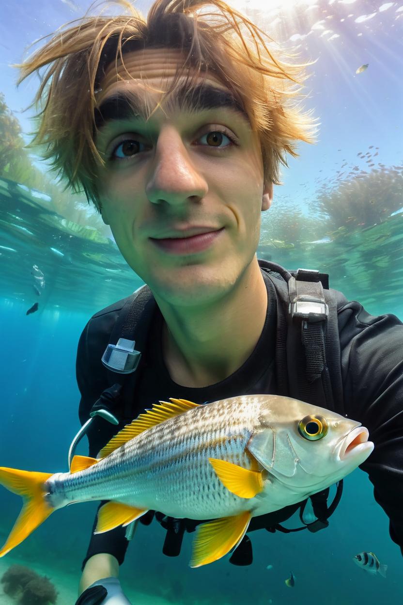 Artificial Intelligence (AI) generated image art, beautiful ..., taking a selfie with fish, underwater, looking at the camera, natural lighting, hyperrealistic, wide angle, cinematic