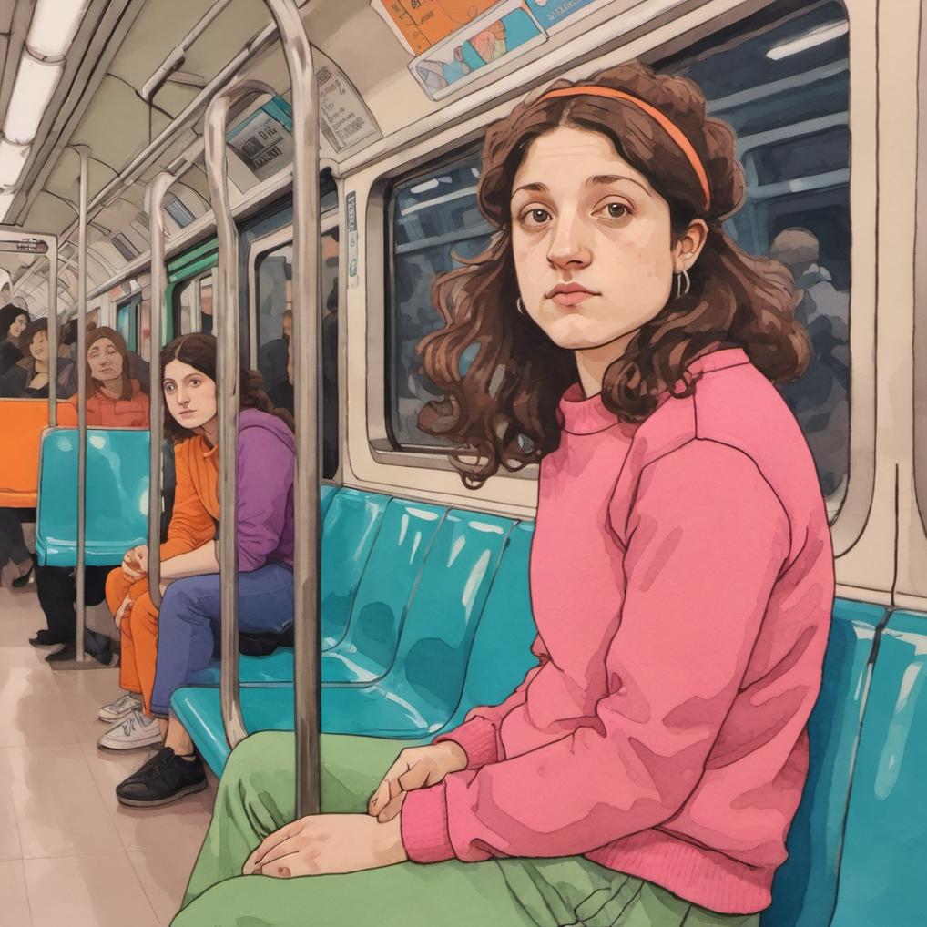 Artificial Intelligence (AI) generated image art, ..., illustration by Rutu Modan, vibrant colors, inside a subway, wearing pink sweater, orange long pants, long hair, naive artwork