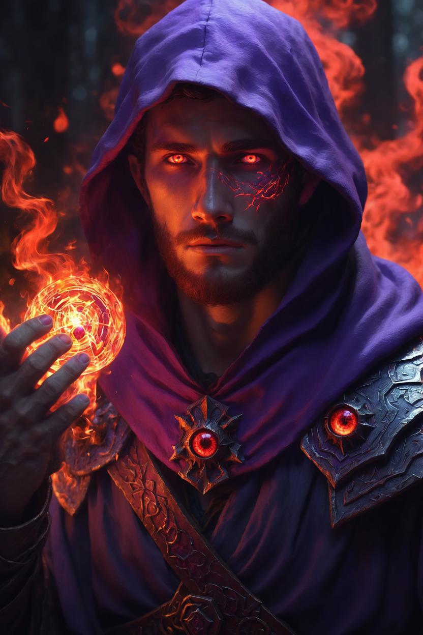 Artificial Intelligence (AI) generated image art, ..., red glowing eyes, fantasy wizard, dnd, ((purple fire from hands)), fantasy art by Greg Rutkowski, highly detailed, sharp focus, 4k