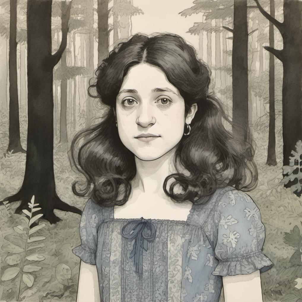 Artificial Intelligence (AI) generated image art, ..., illustration by Maurice Sendak  , monochromatic colors, standing in an forest, wearing a dress, long hair, very detailed, naive artwork,