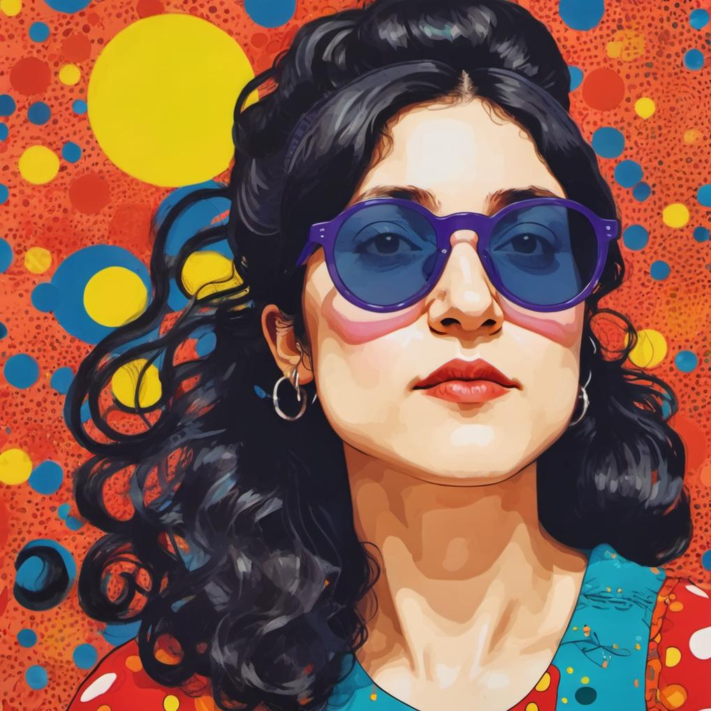 Artificial Intelligence (AI) generated image art, ..., illustration  by Yayoi Kusama, vibrant colors, aesthetic, portrait, abstract background, wearing sunglasses, long hair, artwork