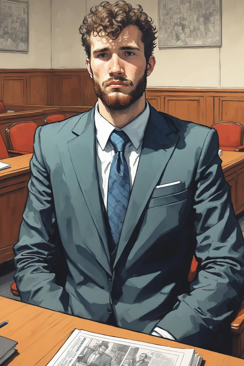 Artificial Intelligence (AI) generated image art, ..., ((comic book style)), ((in the style of comic book artist moebius)), portrait, inside of a courtroom, wearing a suit, illustration, (single person)