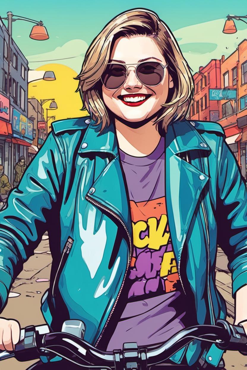 Artificial Intelligence (AI) generated image art, ..., cartoon, motorcycle jacket, sunglasses, smiling, flirty, (moebius comic book style), portrait, graffiti city landscape, illustration, comics, bright colors