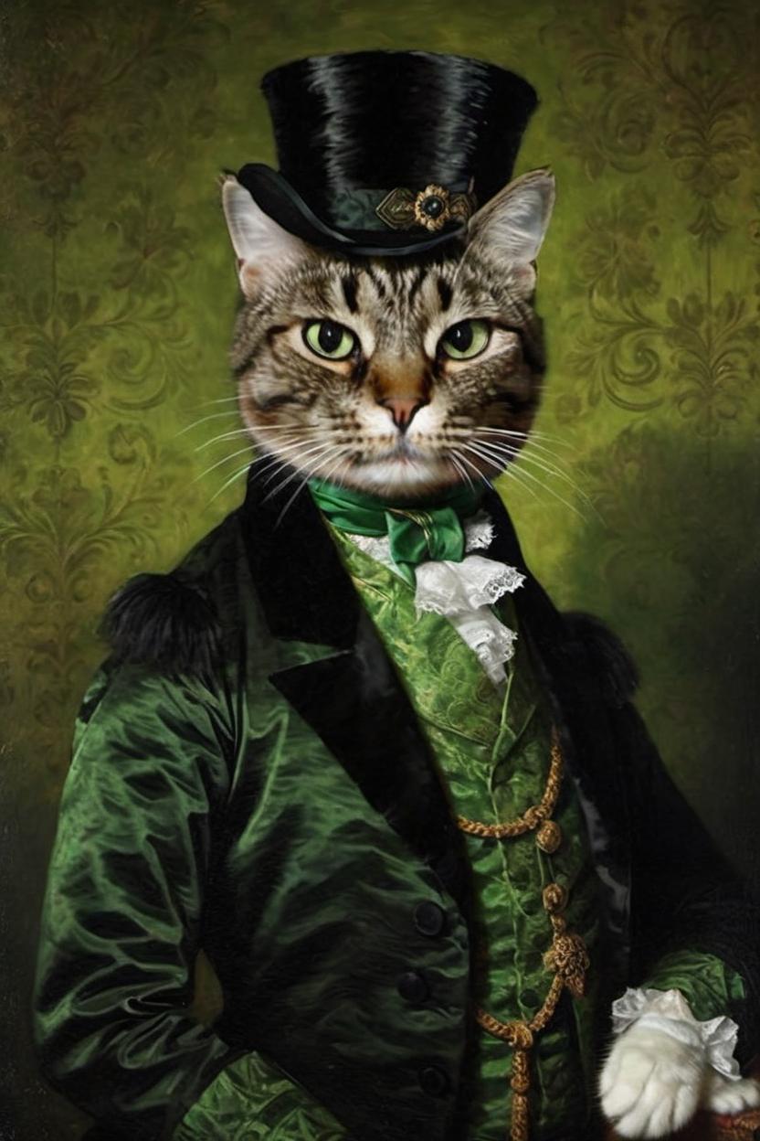 Artificial Intelligence (AI) generated image art, ..., as a victorian lord, oil painting portret, wearing a costume from the 1800s, green cravat, dark black wallpaper in the background, (identical and realistic head), (realistic), black hat