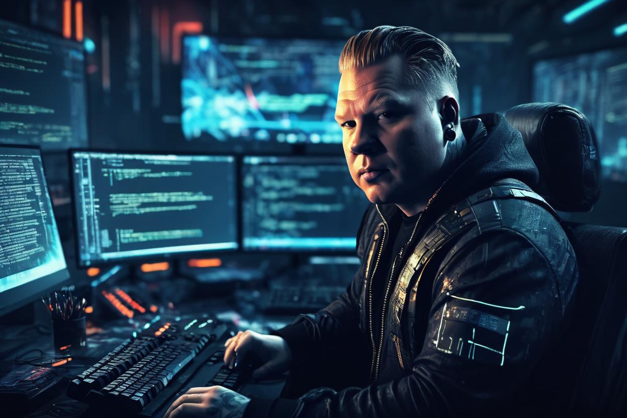 Artificial Intelligence (AI) generated image art, (... portrait), futuristic cyberpunk hacker, in a hackers den with multiple monitors and keyboards, writing code on a keyboard, code running on all monitors, digital painting, cinematic lighting, sharp focus