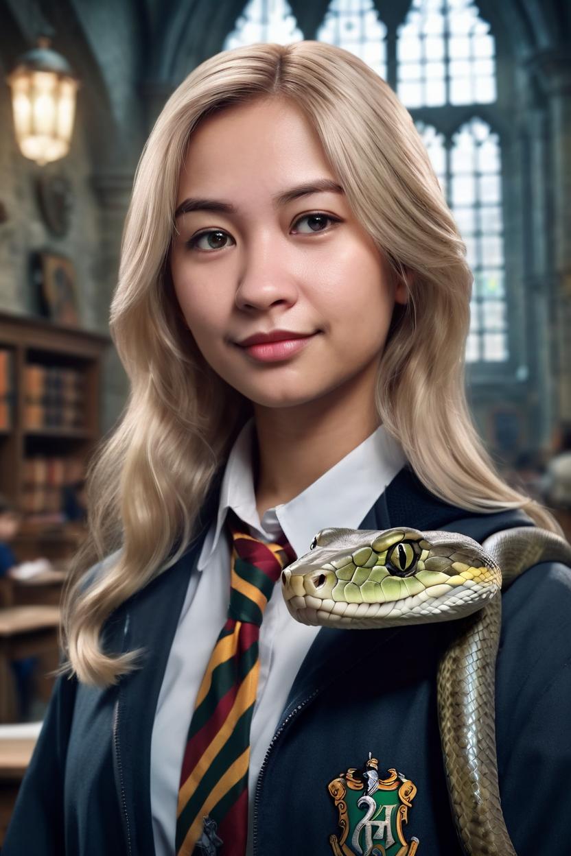 Artificial Intelligence (AI) generated image art, ... as a beatiful slytherine student, (potrait), in hogwarts school background, ash blonde hair, with a snake pet, photorealistic, cinematic lighting, by greg rutkowski