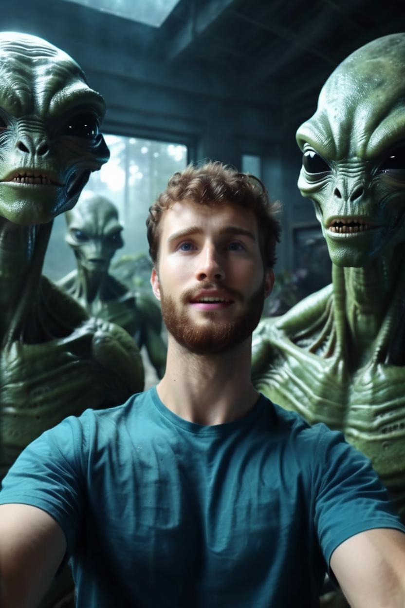 Artificial Intelligence (AI) generated image art, beautiful ..., taking a selfie with aliens, looking at the camera, natural lighting, hyperrealistic, wide angle, cinematic