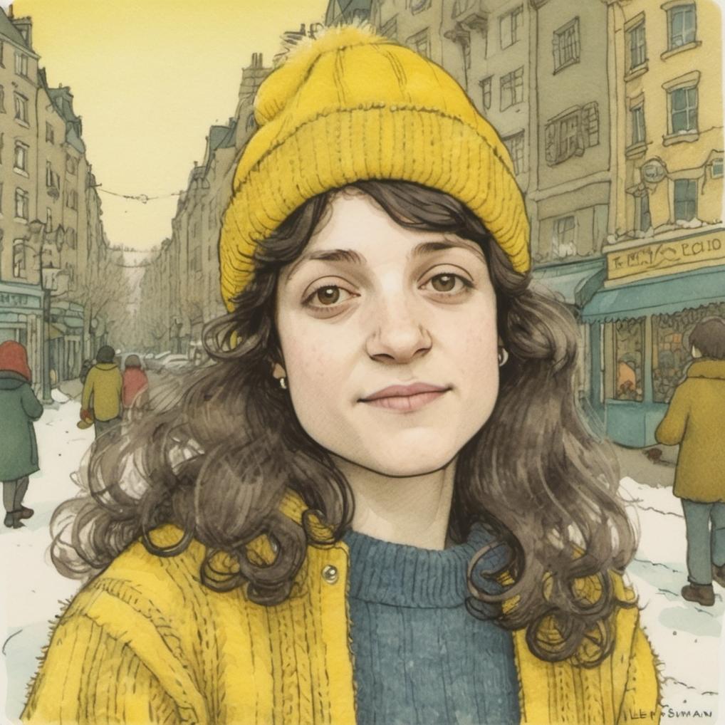 Artificial Intelligence (AI) generated image art, ..., illustration by Maurice Sendak , postcard, 8mm, old film, winter, artistic, nostalgic, soft light, romantic, Boulevard, wearing a yellow knitwear, long hair, very detailed, naive artwork