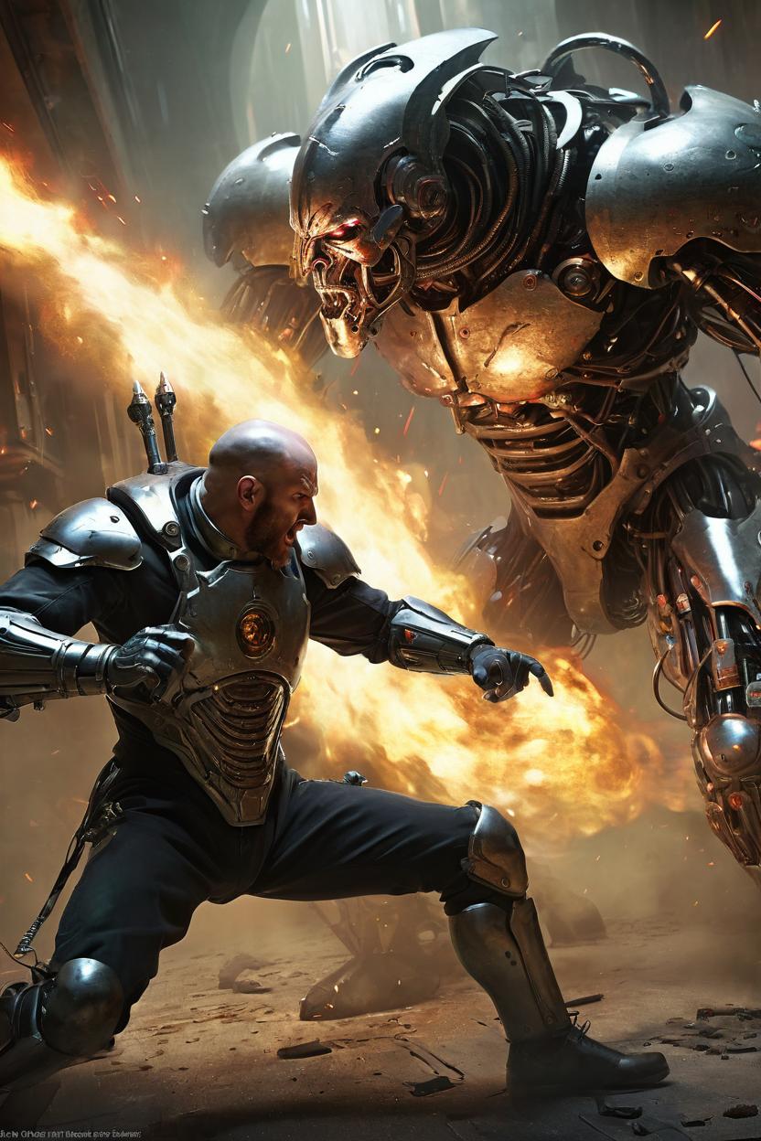 Artificial Intelligence (AI) generated image art, ..., as an evil cyborg, fighting in an intense scifi battle, angry, diffuse lighting, fantasy, intricate, elegant, highly detailed, lifelike, photorealistic, digital painting, artstation, illustration, concept art, smooth, sharp focus, art by john collier and albert aublet and krenz cushart and artem demura and alphonse mucha